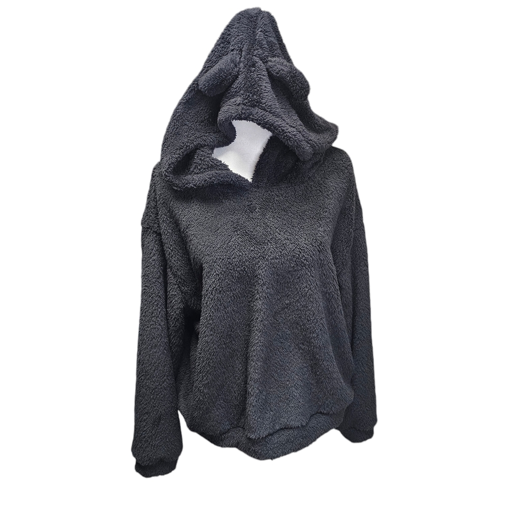 SHEIN MOOSTA Drop Shoulder 3D Ear Teddy Hoodie, Size Large, black